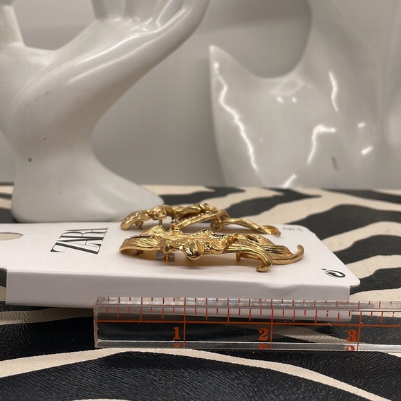Gold Zara Dangling Textured Leafs & Rhinestones. Statement Large, Pierced, Fall - Picture 5 of 8